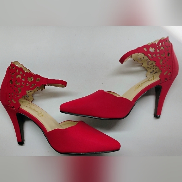 Beacon Crimson Pointed-Toe Cutout Ankle-Strap Heels - Picture 6 of 14
